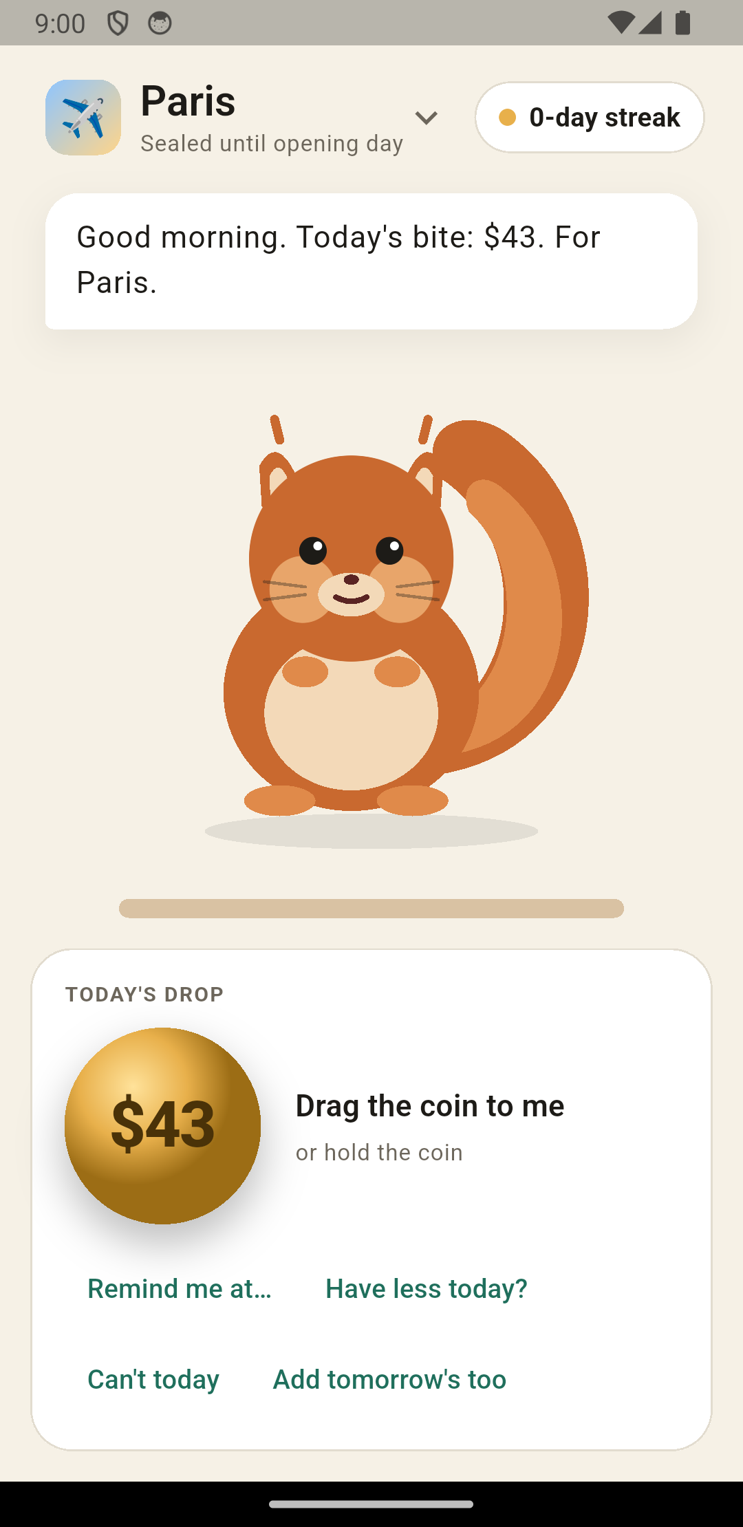 Secret Jar home screen: Pip the squirrel and today's coin